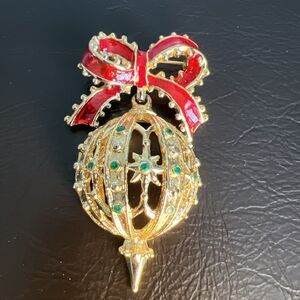 Christmas Brooch Signed AA1 Gold Tone Open Work Ornament Red Ribbon Bow 2.25"